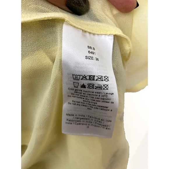 Ganni Womens Floral Print Pleated Georgette Mini Dress Pale Yellow Black Smocked - Picture 15 of 16